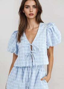 Light Blue Plaid Puff Sleeve Top