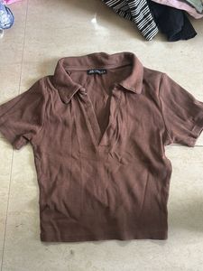 Brown Ribbed Polo Crop Top