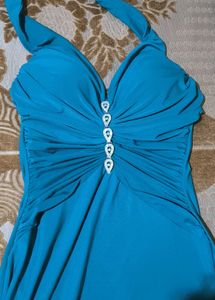 Elegant Teal Halter Neck Embellished Maxi Dress