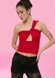 Newme Red One Shoulder Cutout Knot Top