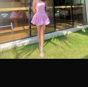 Chic Strapless Pink Bubble Hem Dress