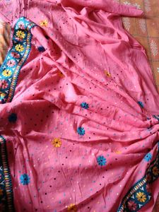 Pink pure cotton hand work saree with blue border
