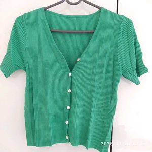 Green Ribbed V-Neck Button-Up Top