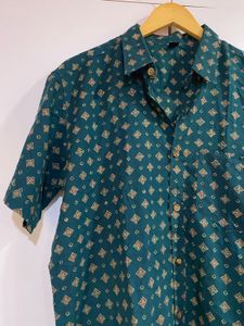 Vintage Teal Geometric Print Short Sleeve Shirt