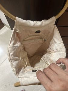 Crocheted Bucket Bag with Wooden Handles
