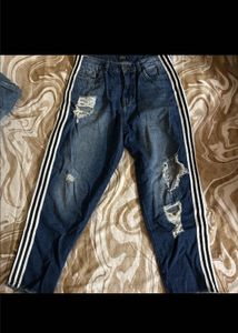 Distressed Blue Jeans with Stripes