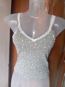 H&amp;M Grey Floral Lace Trim Camisole Top
