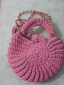 Pink Crochet Handbag with Chain Strap