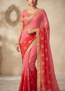 Pink & Red Embroidered Saree with Blouse