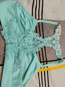 Teal Lace Trim Sports Bra