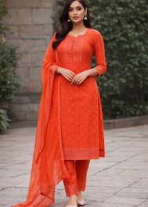 Elegant Saffron Embroidered Suit Set with Dupatta