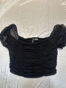 Black Ruched Mesh Top