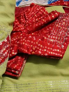 Elegant Lime Green Saree with Red Bandhani Border
