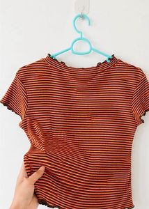 Striped Mock Neck Lettuce Trim Top