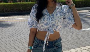 Blue Floral Tie-Front Crop Top