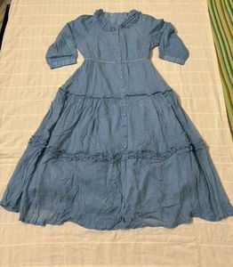 Blue Tiered Midi Dress with Ruffle Collar