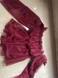 Maroon Off-Shoulder Tulle Top