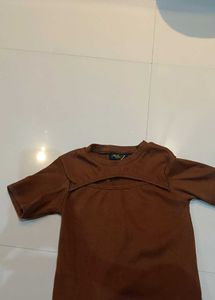 Brown Ribbed Cut-Out Top