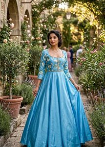 Elegant Sky Blue Floral Gown