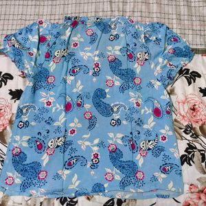 Blue Paisley Print Button-Up Blouse