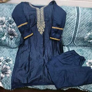 Navy Blue Kurti Set with Golden Embroidery