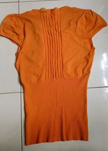Orange Ribbed Knit Top with Bow Detail
