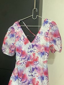 V-Neck Floral Puff Sleeve Mini Dress