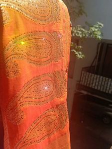 Vibrant Orange Paisley Embellished Saree stone wor