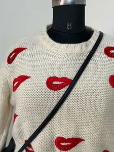 Cream Lip Print Sweater