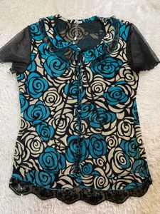 retro Stylish Floral Print Top with Sheer Sleeves