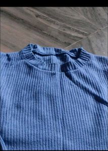 Blue Ribbed Knit Sweater