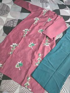 Maroon Embroidered Kurta with Teal Palazzo Pants
