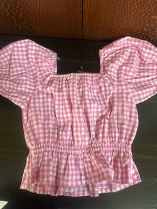 Pink Gingham Embroidered Puff Sleeve Top