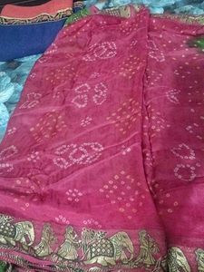 Green Bandhani Saree with Gold Border