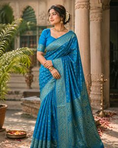 Stunning Blue Silk Saree with Gold Border