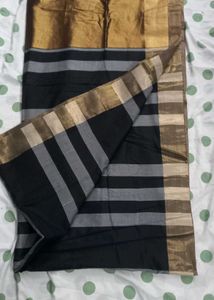 Elegant Gold &amp; Black Striped Saree