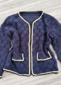 Elegant Textured Navy Blue tweed knit Jacket