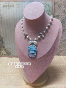 Enchanted Swan Lake Clay Pendant Bow Necklace