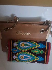 Stylish Tan Clutch with Embroidered Wallet