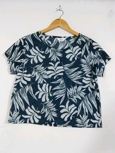 Mystere Paris Navy Blue And Cream Floral Printed T-Shirt (Women)