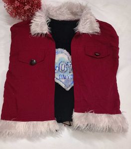 Girls Maroon Kurta with Fur jocket Set
