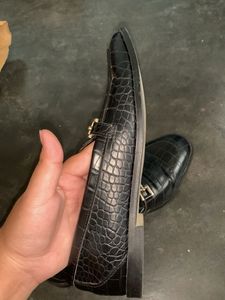 Black Croc Loafers with Gold Buckle