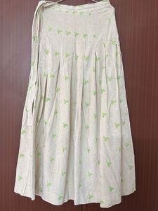 Premium velvety Cream Skirt with Green Print