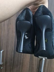 M&amp;S Black Velvet Heels with Rhinestone Buckle