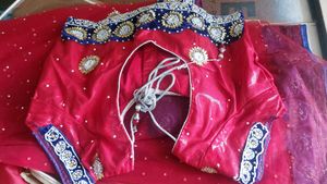 Red saree Set with blue velvet border