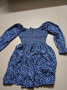 Blue Floral Smocked Square Neck Dress