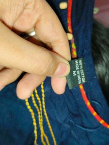 Blue Cotton Kurta with Yellow Embroidery