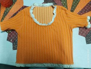 Orange Ribbed Top with Lace Tr