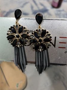 Elegant Black Crystal Tassel Earrings