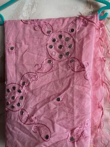 Pink Mirror Work Dupatta with Tassels